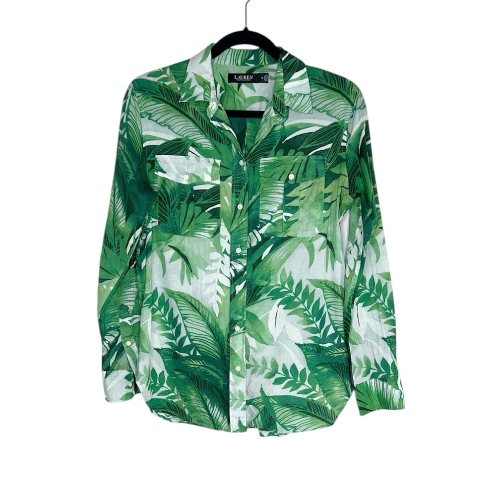 Lauren Ralph Lauren Palm Frond Print Cotton Voile Button Down Shirt size Medium - Picture 11 of 11
